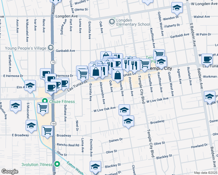 map of restaurants, bars, coffee shops, grocery stores, and more near in Temple City