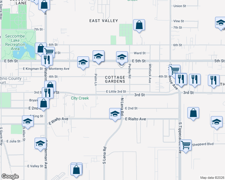 map of restaurants, bars, coffee shops, grocery stores, and more near 24586 East Little 3rd Street in San Bernardino