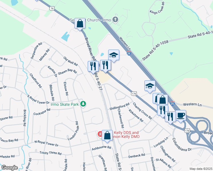 map of restaurants, bars, coffee shops, grocery stores, and more near 113 Charing Cross Road in Irmo