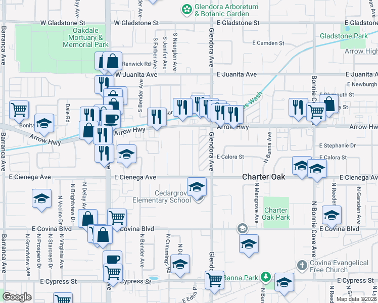 map of restaurants, bars, coffee shops, grocery stores, and more near 5103 North Arroway Avenue in Covina