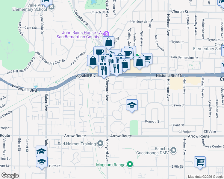 map of restaurants, bars, coffee shops, grocery stores, and more near 1867 Vineyard Avenue in Rancho Cucamonga