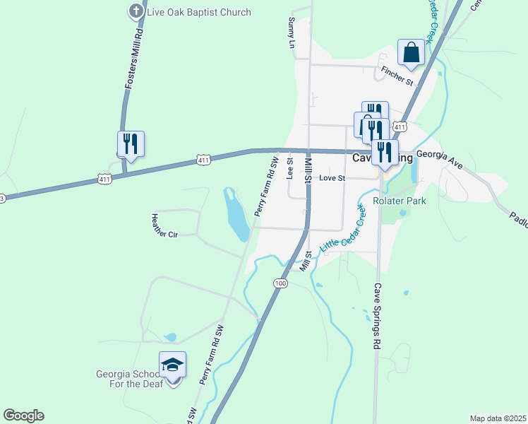 map of restaurants, bars, coffee shops, grocery stores, and more near 7 Perry Farm Road Southwest in Cave Spring