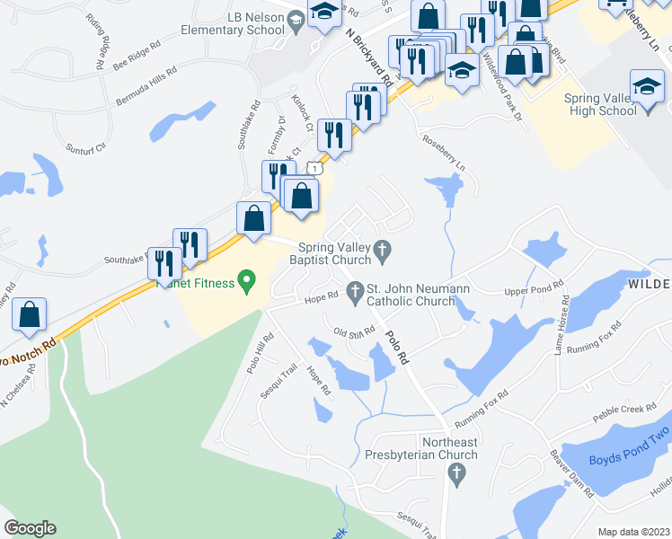 map of restaurants, bars, coffee shops, grocery stores, and more near 34 Heather Laurel Court in Columbia