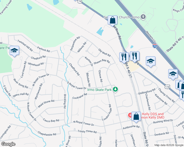 map of restaurants, bars, coffee shops, grocery stores, and more near 135 Kenton Drive in Irmo