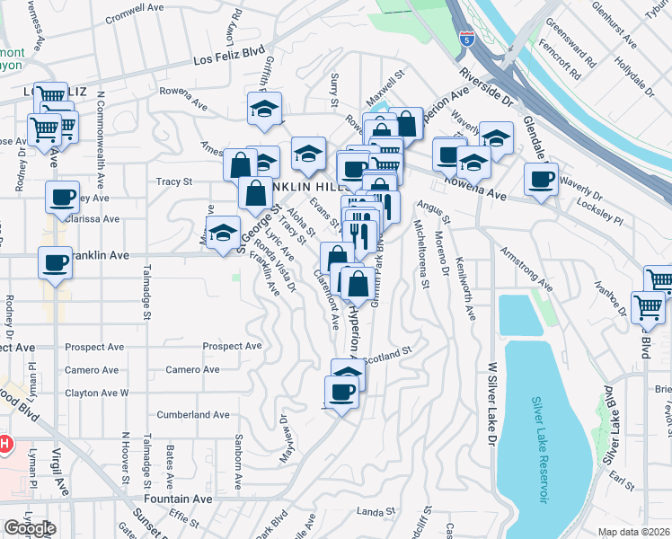 map of restaurants, bars, coffee shops, grocery stores, and more near 3731 Tracy Street in Los Angeles
