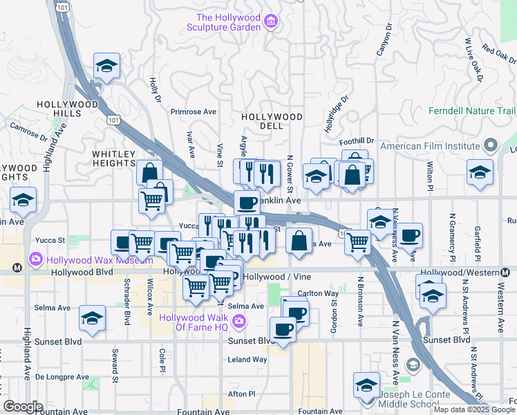 map of restaurants, bars, coffee shops, grocery stores, and more near 6200 Franklin Avenue in Los Angeles