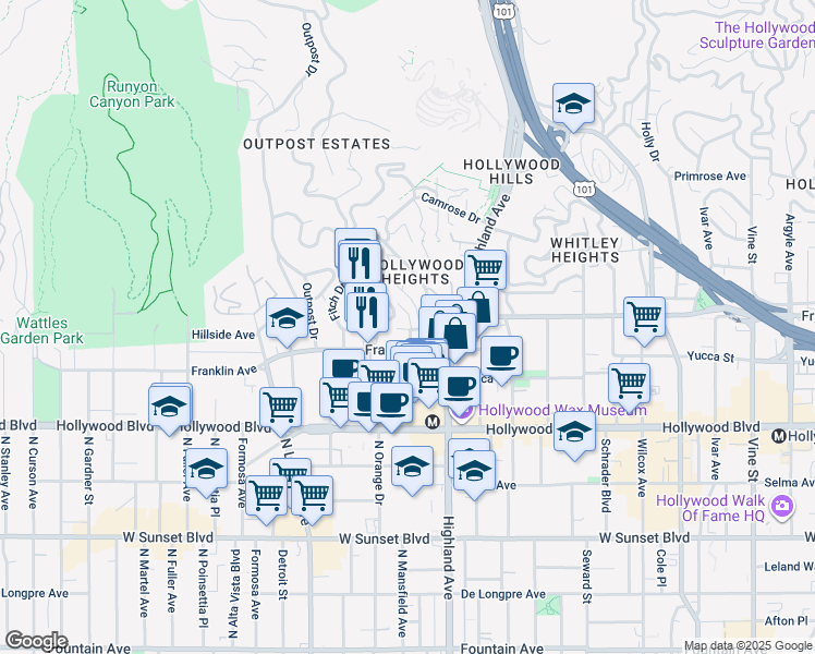 map of restaurants, bars, coffee shops, grocery stores, and more near 1930 North Sycamore Avenue in Los Angeles