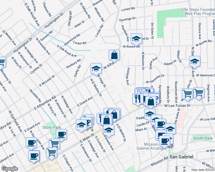 map of restaurants, bars, coffee shops, grocery stores, and more near 424 North Vega Street in Alhambra