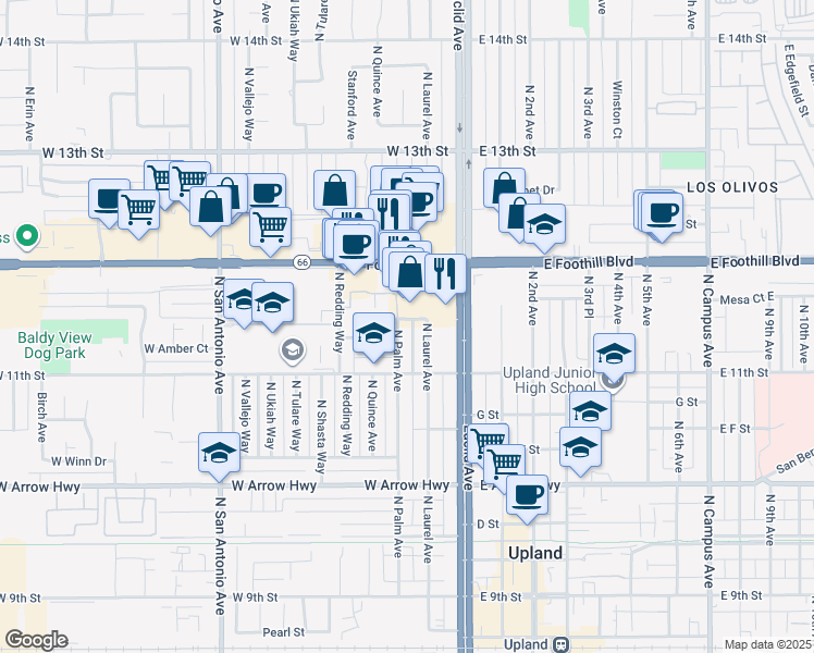 map of restaurants, bars, coffee shops, grocery stores, and more near 888 North Palm Avenue in Upland
