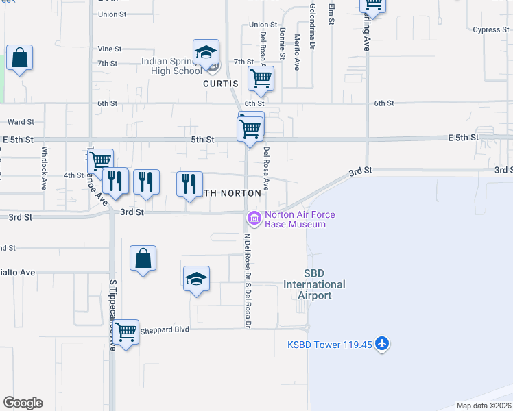 map of restaurants, bars, coffee shops, grocery stores, and more near 1640 East 3rd Street in San Bernardino