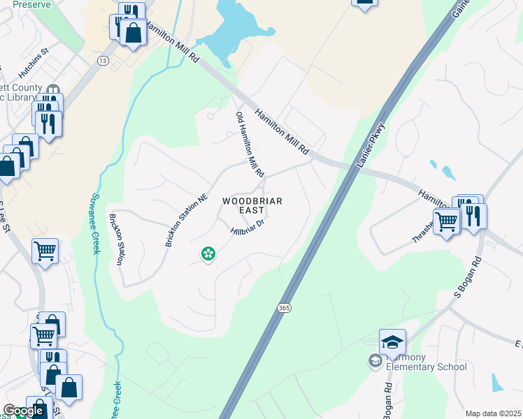 map of restaurants, bars, coffee shops, grocery stores, and more near 2298 Hillbriar Drive in Buford