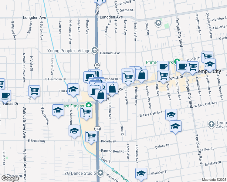 map of restaurants, bars, coffee shops, grocery stores, and more near 5821 Hart Avenue in Temple City