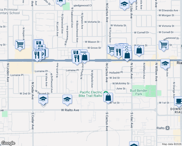 map of restaurants, bars, coffee shops, grocery stores, and more near 866 Lorraine Place in Rialto