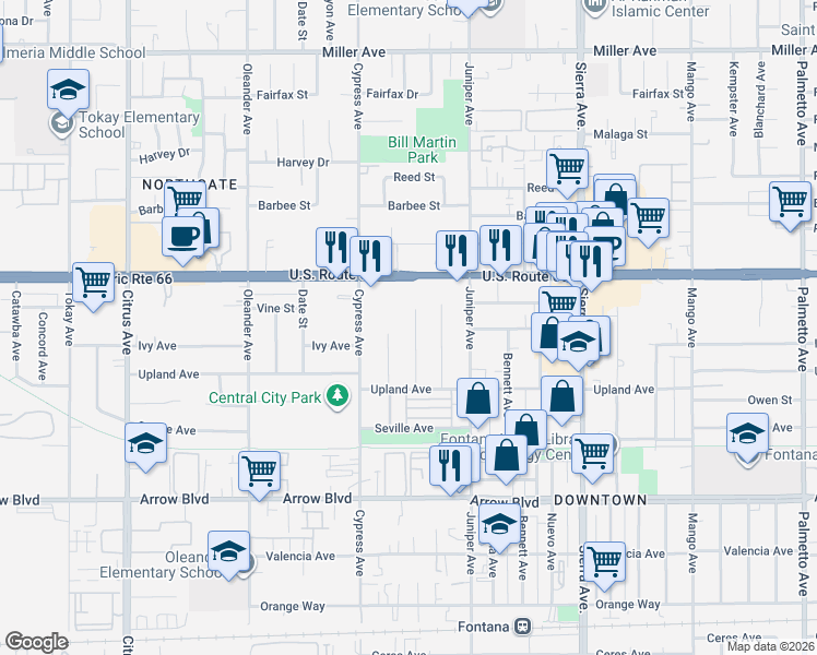 map of restaurants, bars, coffee shops, grocery stores, and more near 8166 Pepper Avenue in Fontana
