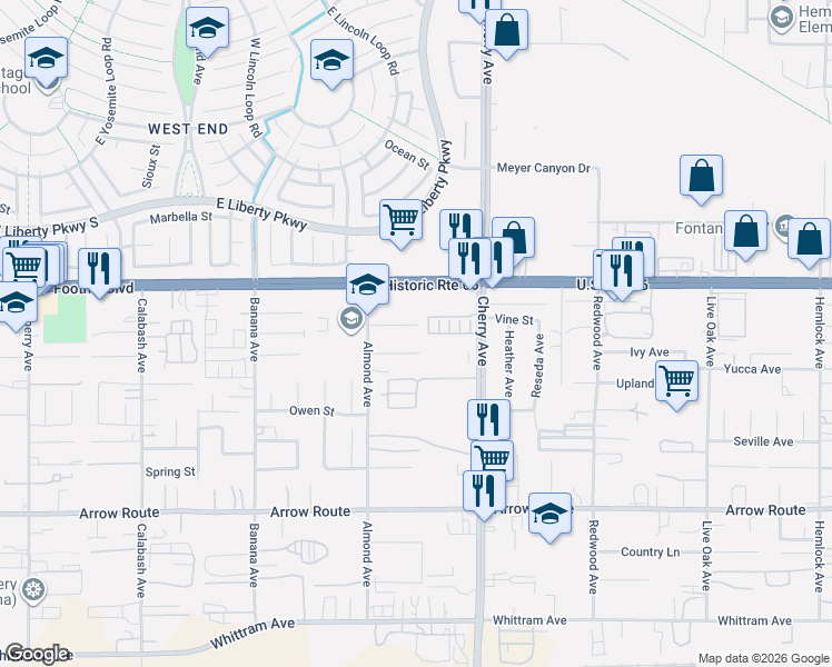 map of restaurants, bars, coffee shops, grocery stores, and more near 14348 Chesebro Court in Fontana