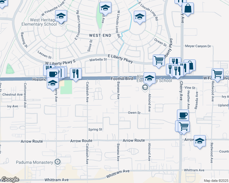 map of restaurants, bars, coffee shops, grocery stores, and more near 8162 Banana Avenue in Fontana