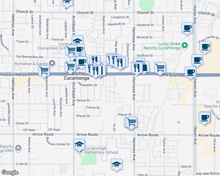 map of restaurants, bars, coffee shops, grocery stores, and more near 9999 Foothill Boulevard South in Rancho Cucamonga