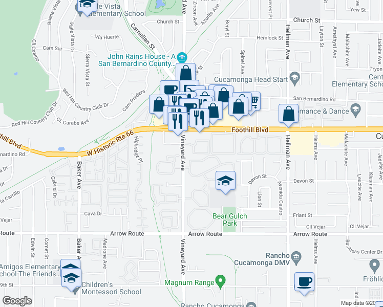 map of restaurants, bars, coffee shops, grocery stores, and more near 1867 Vineyard Avenue in Rancho Cucamonga