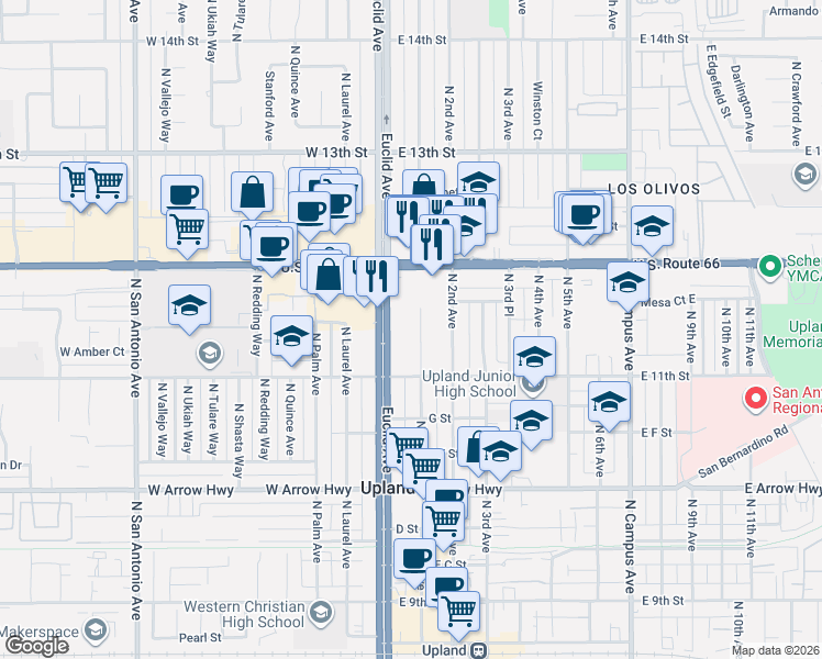 map of restaurants, bars, coffee shops, grocery stores, and more near 914 North 1st Avenue in Upland