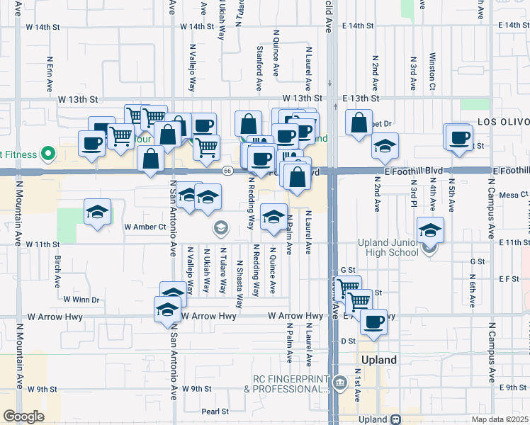 map of restaurants, bars, coffee shops, grocery stores, and more near 930 North Redding Way in Upland
