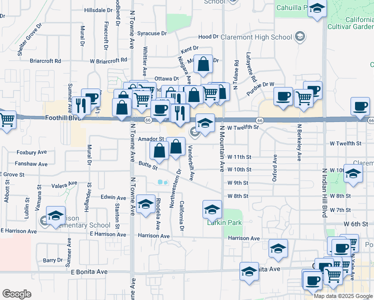 map of restaurants, bars, coffee shops, grocery stores, and more near 1206 Northwestern Drive in Claremont