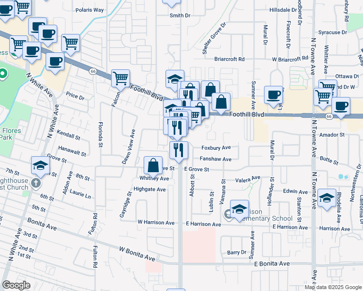 map of restaurants, bars, coffee shops, grocery stores, and more near 3106-3108 N Garey Ave in Pomona