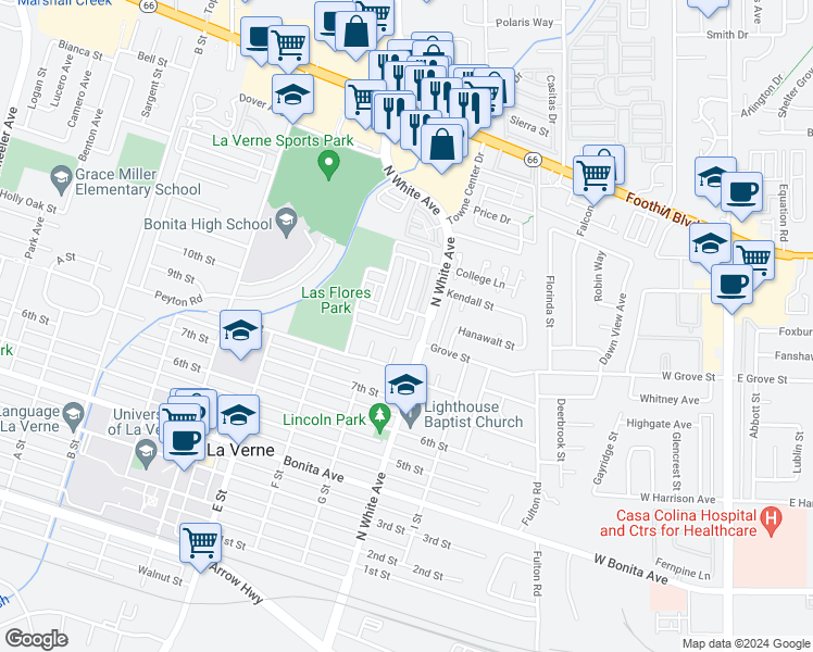 map of restaurants, bars, coffee shops, grocery stores, and more near 2962 Winfield Avenue in La Verne