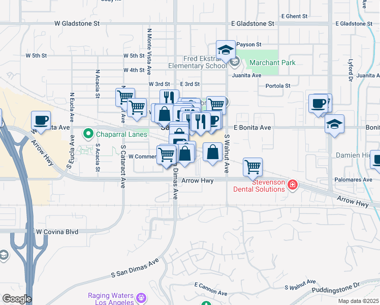 map of restaurants, bars, coffee shops, grocery stores, and more near in San Dimas