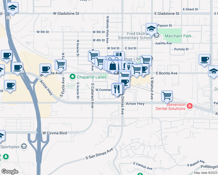 map of restaurants, bars, coffee shops, grocery stores, and more near in San Dimas