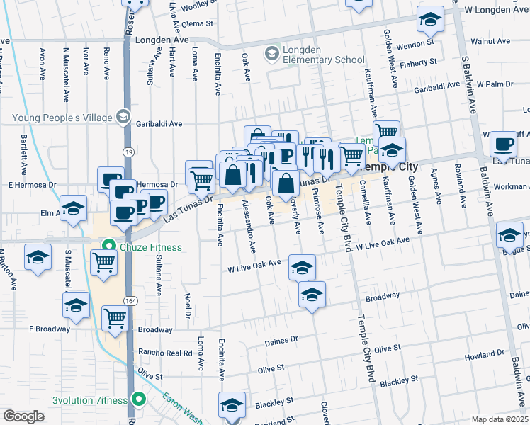 map of restaurants, bars, coffee shops, grocery stores, and more near 9436 East Las Tunas Drive in Temple City