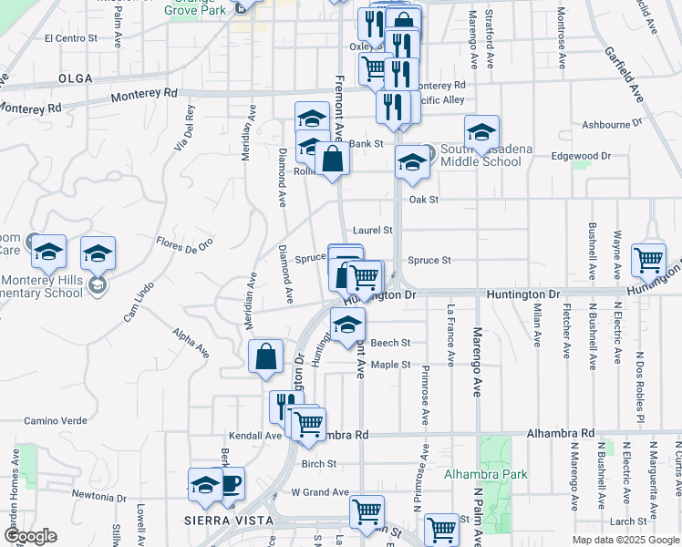 map of restaurants, bars, coffee shops, grocery stores, and more near in South Pasadena