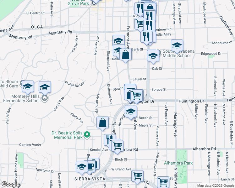 map of restaurants, bars, coffee shops, grocery stores, and more near 1212 Spruce Street in South Pasadena