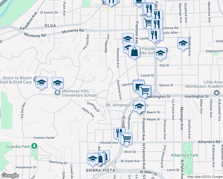 map of restaurants, bars, coffee shops, grocery stores, and more near 1115 Oak Street in South Pasadena