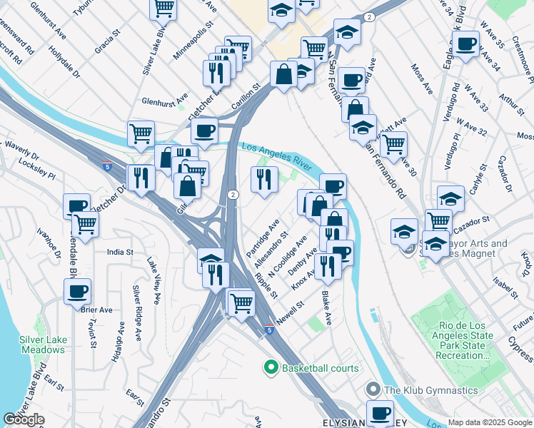 map of restaurants, bars, coffee shops, grocery stores, and more near 2846 Rosanna Street in Los Angeles