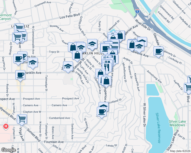 map of restaurants, bars, coffee shops, grocery stores, and more near in Los Angeles