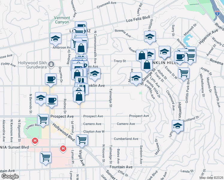 map of restaurants, bars, coffee shops, grocery stores, and more near 4249 Franklin Avenue in Los Angeles