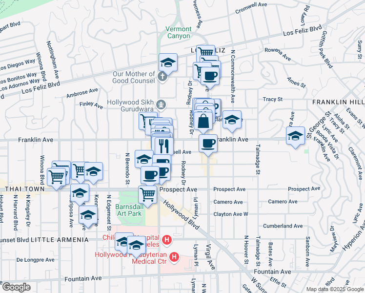 map of restaurants, bars, coffee shops, grocery stores, and more near 1900 Dracena Drive in Los Angeles