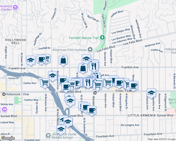 map of restaurants, bars, coffee shops, grocery stores, and more near in Los Angeles