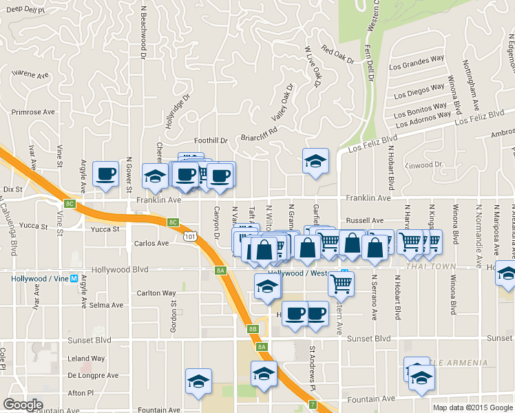 map of restaurants, bars, coffee shops, grocery stores, and more near 5101 Franklin Avenue in Los Angeles