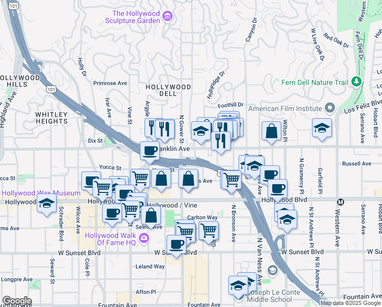 map of restaurants, bars, coffee shops, grocery stores, and more near 6130 Franklin Avenue in Los Angeles