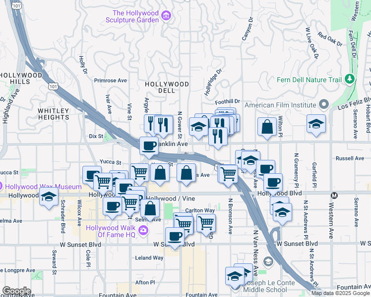 map of restaurants, bars, coffee shops, grocery stores, and more near 6130 Franklin Avenue in Los Angeles