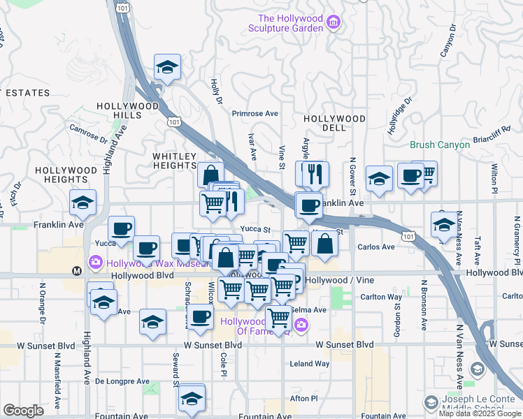 map of restaurants, bars, coffee shops, grocery stores, and more near 6326 Franklin Avenue in Los Angeles