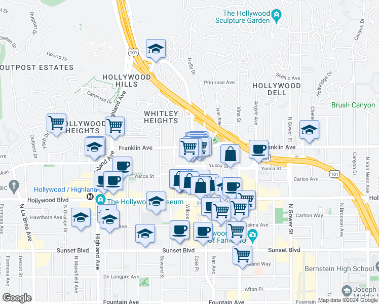 map of restaurants, bars, coffee shops, grocery stores, and more near in Los Angeles