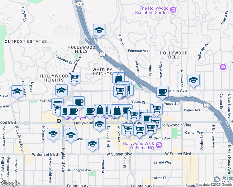 map of restaurants, bars, coffee shops, grocery stores, and more near 1900 Grace Avenue in Los Angeles