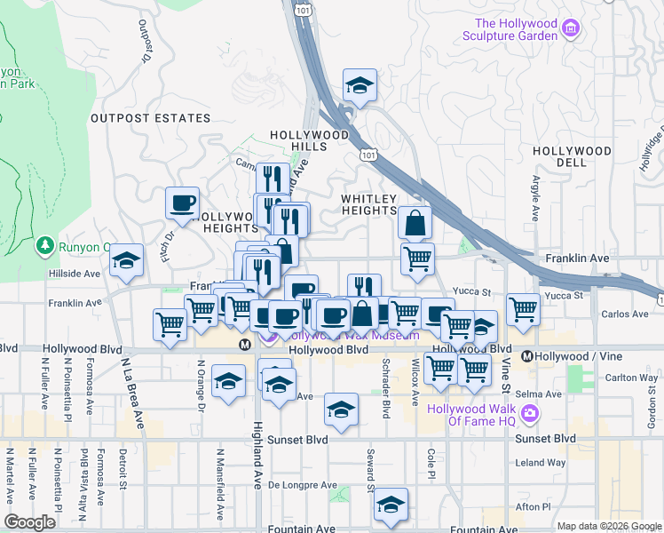 map of restaurants, bars, coffee shops, grocery stores, and more near 6651 Franklin Avenue in Los Angeles