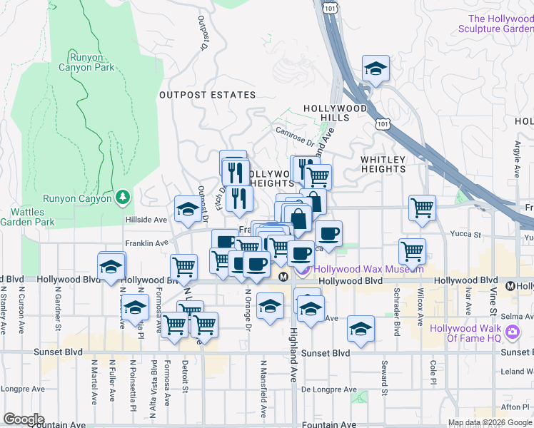 map of restaurants, bars, coffee shops, grocery stores, and more near 1930 North Sycamore Avenue in Los Angeles