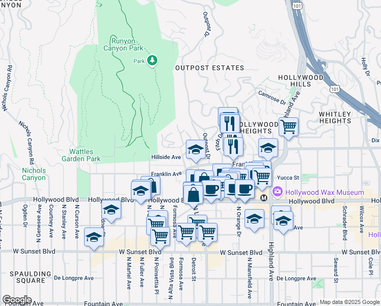 map of restaurants, bars, coffee shops, grocery stores, and more near 7075 Hillside Avenue in Los Angeles