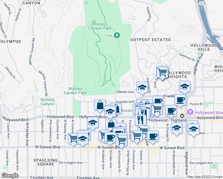 map of restaurants, bars, coffee shops, grocery stores, and more near 1998 North Fuller Avenue in Los Angeles