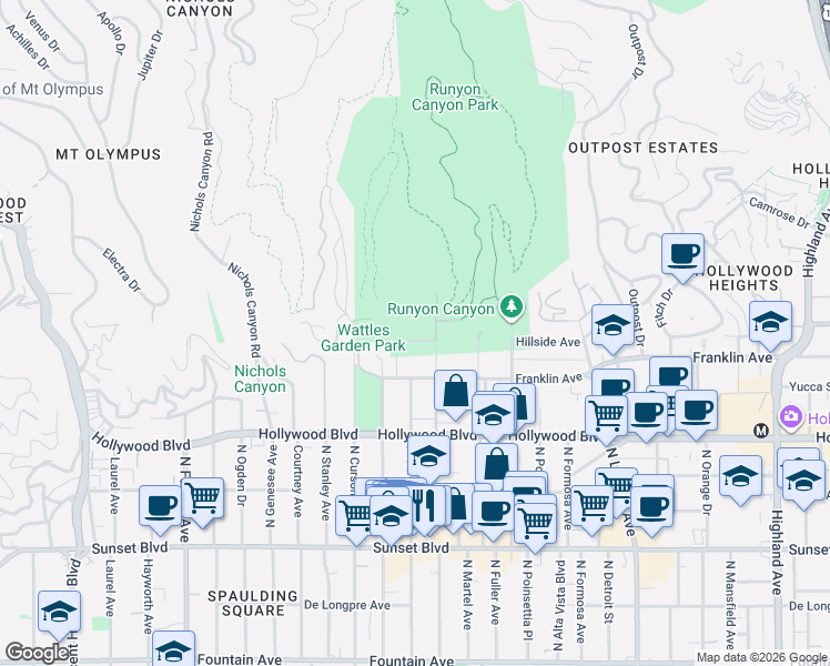 map of restaurants, bars, coffee shops, grocery stores, and more near 7475 Hillside Avenue in Los Angeles