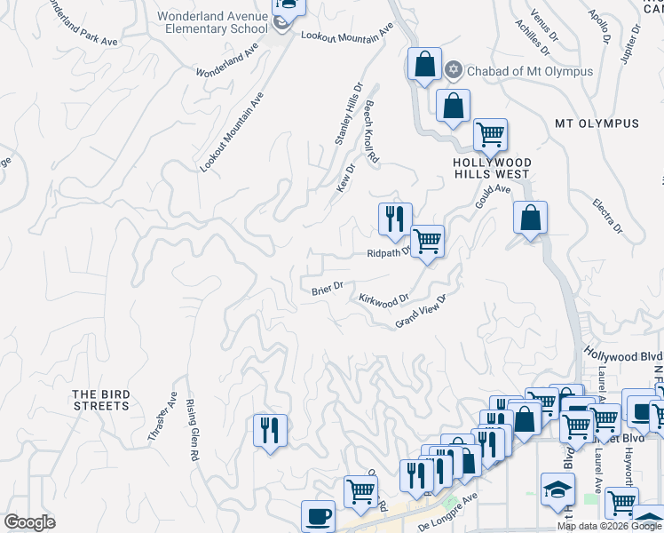 map of restaurants, bars, coffee shops, grocery stores, and more near 8519 Ridpath Drive in Los Angeles